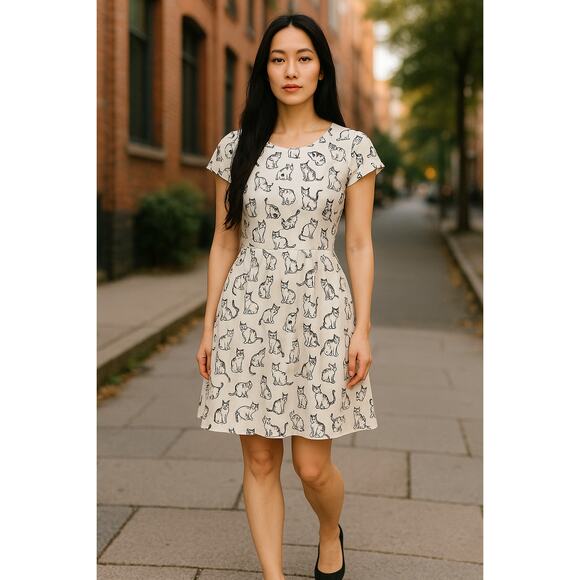 Ixia Women’s Cat Print Fit & Flare Dress White & Black Retro Style Made In USA L - Picture 1 of 9